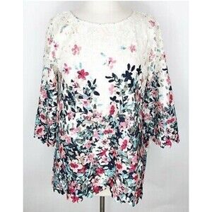Charter Club PETITE L Crochet Lace Overlay Top 3/4 Sleeves Women's  @